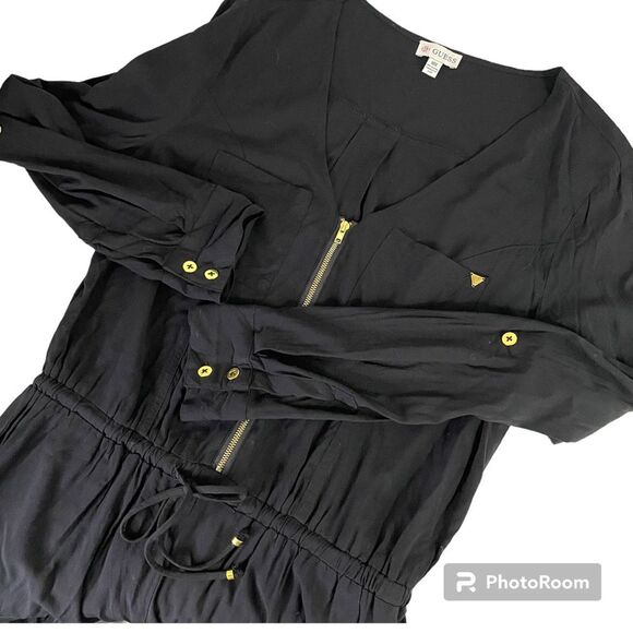 Guess Black Zip Up Shorts Romper With Drawstring Waist Gold Details Size M - Picture 3 of 11